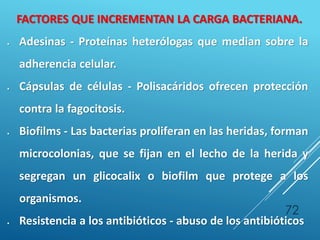 72
FACTORES QUE INCREMENTAN LA CARGA BACTERIANA.
 Adesinas - Proteínas heterólogas que median sobre la
adherencia celular.
 Cápsulas de células - Polisacáridos ofrecen protección
contra la fagocitosis.
 Biofilms - Las bacterias proliferan en las heridas, forman
microcolonias, que se fijan en el lecho de la herida y
segregan un glicocalix o biofilm que protege a los
organismos.
 Resistencia a los antibióticos - abuso de los antibióticos
 