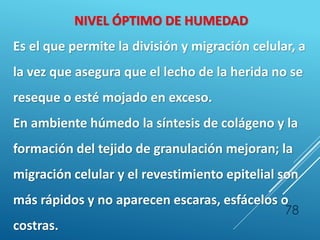 78
NIVEL ÓPTIMO DE HUMEDAD
Es el que permite la división y migración celular, a
la vez que asegura que el lecho de la herida no se
reseque o esté mojado en exceso.
En ambiente húmedo la síntesis de colágeno y la
formación del tejido de granulación mejoran; la
migración celular y el revestimiento epitelial son
más rápidos y no aparecen escaras, esfácelos o
costras.
 