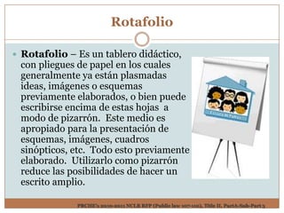 Rotafolio

 Rotafolio – Es un tablero didáctico,
 con pliegues de papel en los cuales
 generalmente ya están plasmadas
 ideas, imágenes o esquemas
 previamente elaborados, o bien puede
 escribirse encima de estas hojas a
 modo de pizarrón. Este medio es
 apropiado para la presentación de
 esquemas, imágenes, cuadros
 sinópticos, etc. Todo esto previamente
 elaborado. Utilizarlo como pizarrón
 reduce las posibilidades de hacer un
 escrito amplio.

              PRCHE’s 2010-2011 NCLB RFP (Public law 107-110), Title II, PartA-Sub-Part 3
 