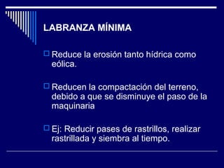 LABRANZA MÍNIMA 
 Reduce la erosión tanto hídrica como 
eólica. 
 Reducen la compactación del terreno, 
debido a que se disminuye el paso de la 
maquinaria 
 Ej: Reducir pases de rastrillos, realizar 
rastrillada y siembra al tiempo. 
 