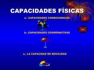 CAPACIDADES FÍSICAS a.- CAPACIDADES CONDICIONALES b.- CAPACIDADES COORDINATIVAS a.- LA CAPACIDAD DE MOVILIDAD 