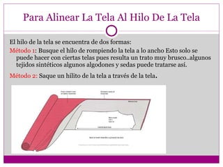 Para Alinear La Tela Al Hilo De La Tela El hilo de la tela se encuentra de dos formas: Método 1 : Busque el hilo de rompiendo la tela a lo ancho Esto solo se puede hacer con ciertas telas pues resulta un trato muy brusco..algunos tejidos sintéticos algunos algodones y sedas puede tratarse así. Método 2:  Saque un hilito de la tela a través de la tela . 