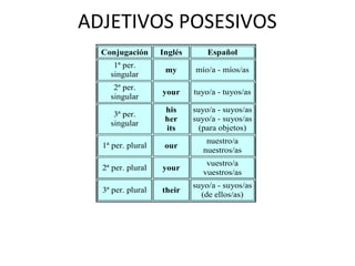 ADJETIVOS POSESIVOS
Conjugación Inglés Español
1ª per.
singular
my mío/a - míos/as
2ª per.
singular
your tuyo/a - tuyos/as
3ª per.
singular
his
her
its
suyo/a - suyos/as
suyo/a - suyos/as
(para objetos)
1ª per. plural our
nuestro/a
nuestros/as
2ª per. plural your
vuestro/a
vuestros/as
3ª per. plural their
suyo/a - suyos/as
(de ellos/as)
 