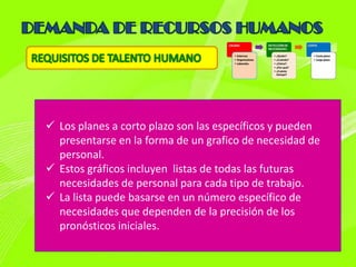  Los planes a corto plazo son las específicos y pueden
  presentarse en la forma de un grafico de necesidad de
  personal.
 Estos gráficos incluyen listas de todas las futuras
  necesidades de personal para cada tipo de trabajo.
 La lista puede basarse en un número específico de
  necesidades que dependen de la precisión de los
  pronósticos iniciales.
 