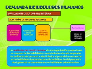 EVALUACIÓN DE LA OFERTA INTERNA

 AUDITORÍAS DE RECURSOS HUMANOS


                                                              Fuentes internas
AUDITORIA DE   PLANIFICACIÓN    CARTA DE
LOS RECURSOS       DE LOS      REEMPLAZOS
  HUMANOS       REEMPLAZOS     POTENCIALES                      OFERTA DE
                                                                RECURSOS
                                                                HUMANOS




 Las auditorias del talento humano de una organización proporcionan
  un resumen de las habilidades y conocimientos de cada empleado.
 Las auditorias del personal a nivel inferior al gerencial se concentran
  en las habilidades funcionales de cada individuo; las del personal a
   nivel gerencial se concentran en sus habilidades administrativas.
 