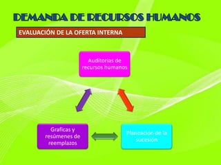 EVALUACIÓN DE LA OFERTA INTERNA



                        Auditorias de
                      recursos humanos




         Graficas y
                                     Planeación de la
       resúmenes de
                                         sucesión
        reemplazos
 