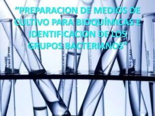 “PREPARACION DE MEDIOS DE
CULTIVO PARA BIOQUÍMICAS E
   IDENTIFICACION DE LOS
   GRUPOS BACTERIANOS”
 