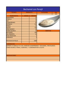 Bechamel con Perejil
       TECNICA               PRODUCTO              CATEGORIA            PAX
                                                                         10
      INGREDIENTES     C. UNIDAD C. GRAMOS
MARGARINA                                30
CEBOLLA                                  50
AJO                                      10
CHAMPIÑONES                              80
ESPINACA                                100
PEREJIL                                  20
QUESO                                   100
VINO BLANCO                              50
FONDO BLANCO                             50               MONTAJE
BECHAMEL                                200
SAL PIMIENTA                             10
NUEZ MOSCADA                              2
ALBAHACA                                  5

PECHUGA DE POLLO                        1000

ELABORACION
SOFREIR LA CEBOLLA Y EL AJO, AGREGAR CHAMPIÑONES Y BECHAMEL, VINO BLANCO,
FONDO BLANCO, PEREJIL, ALBAHACA, Y CONDIMENTAR AL GUSTO




OBSERVACIONES
 
