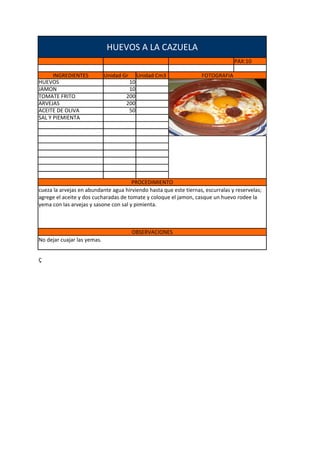 HUEVOS A LA CAZUELA
                                                                                 PAX:10

      INGREDIENTES           Unidad Gr     Unidad Cm3               FOTOGRAFIA
HUEVOS                                10
JAMON                                 10
TOMATE FRITO                         200
ARVEJAS                              200
ACEITE DE OLIVA                       50
SAL Y PIEMIENTA




                                       PROCEDIMIENTO
cueza la arvejas en abundante agua hirviendo hasta que este tiernas, escurralas y reservelas;
agrege el aceite y dos cucharadas de tomate y coloque el jamon, casque un huevo rodee la
yema con las arvejas y sasone con sal y pimienta.



                                         OBSERVACIONES
No dejar cuajar las yemas.


Ç
 