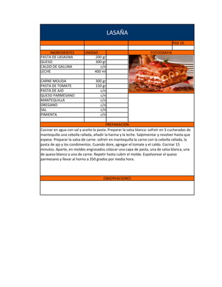 LASAÑA
                                                                                   PAX 10

     INGREDIENTES          UNIDAD                                    FOTOGRAFIA
PASTA DE LASAGNA                200 gr
QUESO                           300 gr
CALDO DE GALLINA                   c/n
LECHE                           400 ml

CARNE MOLIDA                      300 gr
PASTA DE TOMATE                   150 gr
PASTA DE AJO                        c/n
QUESO PARMESANO                     c/n
MANTEQUILLA                         c/n
OREGANO                             c/n
SAL                                 c/n
PIMIENTA                            c/n

                                         PREPARACION
Cocinar en agua con sal y aceite la pasta. Preparar la salsa blanca: sofreír en 3 cucharadas de
mantequilla una cebolla rallada, añadir la harina y la leche. Salpimentar y revolver hasta que
espese. Preparar la salsa de carne: sofreír en mantequilla la carne con la cebolla rallada, la
pasta de ajo y los condimentos. Cuando dore, agregar el tomate y el caldo. Cocinar 15
minutos. Aparte, en moldes engrasados colocar una capa de pasta, una de salsa blanca, una
de queso blanco y una de carne. Repetir hasta cubrir el molde. Espolvorear el queso
parmesano y llevar al horno a 350 grados por media hora.



                                       OBSERVACIONES
 