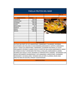 PAELLA FRUTOS DEL MAR
                                                                   PAX 10

     INGREDIENTES    UNIDAD                           FOTOGRAFIA
CAMARON                   500 GR
LANGOSTINO               1000 GR
CALAMAR                   300 GR
PULPO                     300 GR
MEJILLONES                  10 U
SOFRITO                   200 GR
ARROZ                    1000 GR
ARVEJA                    200 GR




                                  PREPARACION
SALTEAR UNA PARTE DE LOS LANGOSTINOS, CAMARONES Y CALAMARES, RESERBAR,
CALENTAMOS UNA PAELLERA A FUEGO MAXIMO,AGREGAMOS EL SOFRITO, AGREGAMOS
AGUA Y TODOS LOS LANGOSTINOS, CAMARONES, CALAMARES RESTANTES, EL PULPO
PREVIAMENTE COCIODO, CUANDO LLEGUE A PUNTO DE EBULLISION AGREGAMOS EL ARROZ
EN FORMA DE CRUZ Y ESPARCIMOS POR TODA LA PAELLERA, AGREGAMOS EL ADOBO,
DEJAMOS QUE SEQUE EL AGUA, BAJAMOS LA TEMPERATURA AL MINIMO, DECORAMOS CON
ARVEJA PREVIAMENTE BLANQUEADAS Y LOS CAMARONES, LANGOSTINOS, CALAMARES
RESERVADOS Y LOS MEJILLONES, TAPAMOS CON UN PAPEL ALUMINIO, DEJAR UNOS
MINUTOS MAS EN COCCION, APAGAR Y DEJAR REPOSAR.
                              OBSERVACIONES
 
