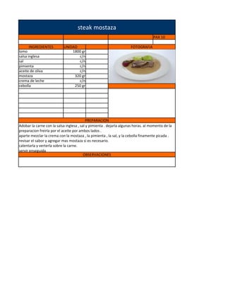 steak mostaza
                                                                                   PAX 10

       INGREDIENTES        UNIDAD                                    FOTOGRAFIA
lomo                           1800 gr
salsa inglesa                     c/n
sal                               c/n
pimienta                          c/n
aceite de oliva                   c/n
mostaza                         320 gr
crema de leche                    c/n
cebolla                         250 gr




                                           PREPARACION
Adobar la carne con la salsa inglesa , sal y pimienta . dejarla algunas horas. al momento de la
preparacion freirla por el aceite por ambos lados .
aparte mezclar la crema con la mostaza , la pimienta , la sal, y la cebolla finamente picada .
revisar el sabor y agregar mas mostaza si es necesario.
calentarla y verterla sobre la carne.
servir enseguida
                                         OBSERVACIONES
 