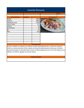 Ceviche Peruano
                                                                                 PAX 4

      INGREDIENTES         UNIDAD                                  FOTOGRAFIA
Robalo                                         700 gr
Calamar                                        300 gr
Cebolla Peruana                                250 gr
Limon Thaity                                     15 u
Cilantro                                          C/n
Sal Pimienta                                      C/n
Aji                                               C/n
Maiz                                            50 gr




                                          PREPARACION
Se pica el robalo y el calamar en cuadros y anillos respectivamente, se cubre con sumo de
limon y se reserva durante 15min, aparte se mezcla la cebolla picada en plumas, el cilantro
finamente picado y el resto del limon, juntar el robalo despues de sus 15 min de reposo con la
cebolla y el cilantro, agregar el maiz por ultimo


                                      OBSERVACIONES
 
