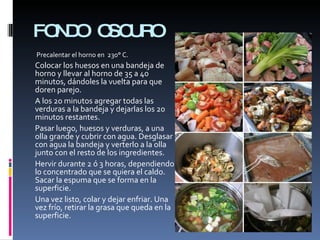 FONDO OSCURO Precalentar el horno en  230° C. Colocar los huesos en una bandeja de horno y llevar al horno de 35 a 40 minutos, dándoles la vuelta para que doren parejo. A los 20 minutos agregar todas las verduras a la bandeja y dejarlas los 20 minutos restantes. Pasar luego, huesos y verduras, a una olla grande y cubrir con agua. Desglasar con agua la bandeja y verterlo a la olla junto con el resto de los ingredientes. Hervir durante 2 ó 3 horas, dependiendo lo concentrado que se quiera el caldo. Sacar la espuma que se forma en la superficie. Una vez listo, colar y dejar enfriar. Una vez frío, retirar la grasa que queda en la superficie.  