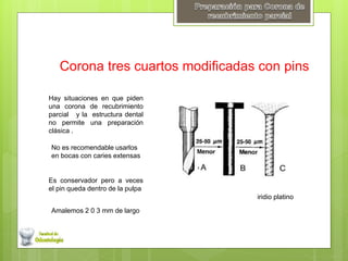 Corona tres cuartos modificadas con pins 
Hay situaciones en que piden 
una corona de recubrimiento 
parcial y la estructura dental 
no permite una preparación 
clásica . 
No es recomendable usarlos 
en bocas con caries extensas 
Es conservador pero a veces 
el pin queda dentro de la pulpa 
Amalemos 2 0 3 mm de largo 
iridio platino 
 