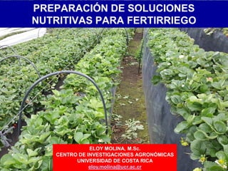 PREPARACIÓN DE SOLUCIONES
NUTRITIVAS PARA FERTIRRIEGO
ELOY MOLINA, M.Sc.
CENTRO DE INVESTIGACIONES AGRONÓMICAS
UNIVERSIDAD DE COSTA RICA
eloy.molina@ucr.ac.cr
 