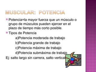  Potencia=la   mayor fuerza que un músculo o
  grupo de músculos pueden ejercer en el
  plazo de tiempo más corto posible.
 Tipos de Potencia

       a)Potencia moderada de trabajo
       b)Potencia grande de trabajo
       c)Potencia máxima de trabajo
       d)Potencia submáxima de trabajo
Ej: salto largo sin carrera, salto vertical
 