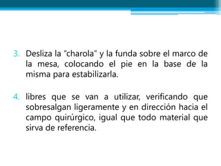 3. Desliza la “charola” y la funda sobre el marco de
la mesa, colocando el pie en la base de la
misma para estabilizarla.
4. libres que se van a utilizar, verificando que
sobresalgan ligeramente y en dirección hacia el
campo quirúrgico, igual que todo material que
sirva de referencia.
 