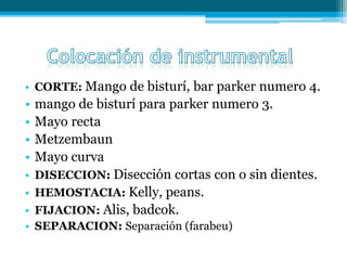 • CORTE: Mango de bisturí, bar parker numero 4.
• mango de bisturí para parker numero 3.
• Mayo recta
• Metzembaun
• Mayo curva
• DISECCION: Disección cortas con o sin dientes.
• HEMOSTACIA: Kelly, peans.
• FIJACION: Alis, badcok.
• SEPARACION: Separación (farabeu)
 