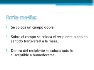 1. Se coloca un campo doble
2. Sobre el campo se coloca el recipiente plano en
sentido transversal a la mesa.
3. Dentro del recipiente se coloca todo lo
susceptible a humedecerse
 