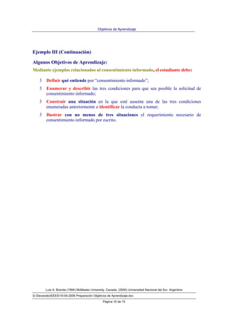 Objetivos de Aprendizaje
Luis A. Branda (1994) McMaster University. Canada. (2000) Universidad Nacional del Sur. Argentina
G:DecanatoEEES19-04-2006 Preparación Objetivos de Aprendizaje.doc
Página 10 de 15
Ejemplo III (Continuación)
Algunos Objetivos de Aprendizaje:
Mediante ejemplos relacionados al consentimiento informado, el estudiante debe:
3 Definir qué entiende por “consentimiento informado”;
3 Enumerar y describir las tres condiciones para que sea posible la solicitud de
consentimiento informado;
3 Construir una situación en la que esté ausente una de las tres condiciones
enumeradas anteriormente e identificar la conducta a tomar;
3 Ilustrar con no menos de tres situaciones el requerimiento necesario de
consentimiento informado por escrito.
 