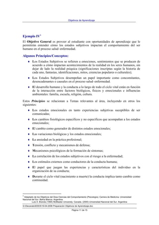 Objetivos de Aprendizaje
Luis A. Branda (1994) McMaster University. Canada. (2000) Universidad Nacional del Sur. Argentina
G:DecanatoEEES19-04-2006 Preparación Objetivos de Aprendizaje.doc
Página 11 de 15
Ejemplo IVv
El Objetivo General es proveer al estudiante con oportunidades de aprendizaje que le
permitirán entender cómo los estados subjetivos impactan el comportamiento del ser
humano en el proceso salud–enfermedad.
Algunos Principios/Conceptos:
♦ Los Estados Subjetivos se refieren a emociones, sentimientos que se producen de
acuerdo a cómo impactan acontecimientos de la realidad en los seres humanos, sin
dejar de lado la realidad psíquica (significaciones inscriptas según la historia de
cada uno, fantasías, identificaciones, mitos, creencias populares o culturales);
♦ Los Estados Subjetivos desempeñan un papel importante como concomitantes,
desencadenantes o causales en el proceso salud–enfermedad.
♦ El desarrollo humano y la conducta a lo largo de todo el ciclo vital están en función
de la interacción entre factores biológicos, físicos y emocionales e influencias
ambientales: familia, escuela, religión, cultura.
Estos Principios se relacionan a Temas relevantes al área, incluyendo en otros los
siguientes:
♦ Los estados emocionales en tanto experiencias subjetivas suceptibles de ser
comunicadas;
♦ Los cambios fisiológicos específicos y no específicos que acompañan a los estados
emocionales;
♦ El cambio como generador de distintos estados emocionales;
♦ Las variaciones biológicas y los estados emocionales;
♦ La ansiedad en la práctica profesional;
♦ Tensión, conflicto y mecanismos de defensa;
♦ Mecanismos psicológicos de la formación de síntomas;
♦ La correlación de los estados subjetivos con el riesgo a la enfermedad;
♦ Los estímulos externos como conductores de la conducta humana;
♦ El papel que juegan las experiencias y características del individuo en la
organización de su conducta;
♦ Durante el ciclo vital (nacimiento a muerte) la conducta implica tanto cambio como
continuidad.
v
Adaptado de los Objetivos del Área Ciencias del Comportamiento (Psicología). Carrera de Medicina. Universidad
Nacional del Sur. Bahía Blanca. Argentina.
 