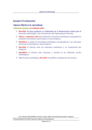 Objetivos de Aprendizaje
Luis A. Branda (1994) McMaster University. Canada. (2000) Universidad Nacional del Sur. Argentina
G:DecanatoEEES19-04-2006 Preparación Objetivos de Aprendizaje.doc
Página 6 de 15
Ejemplo I (Continuación)
Algunos Objetivos de Aprendizaje
Utilizando ejemplos, el estudiante debe:
3 Describir las bases genéticas y/o ambientales de la diferenciación celular para el
desarrollo embriológico y las características del órgano génesis relevante;
3 Ubicar y relacionar entre sí las diferentes estructuras morfológicas incluyendo los
elementos estructurales macroscópicos y microscópicos;
3 Identificar el grado de normalidad morfológica correspondiente a las relevantes
estructuras microscópicas y macroscópicas;
3 Describir la relación entre las estructuras anatómicas y su visualización por
imágenes;
3 Identificar la relación entre estructura y función en los diferentes niveles
morfológicos;
3 Dado lesiones morfológicas describir los posibles resultados de esas lesiones.
 