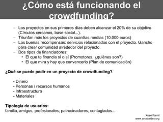 ¿Cómo está funcionando el
crowdfunding?
– Los proyectos en sus primeros días deben alcanzar el 20% de su objetivo
(Círculos cercanos, base social...).
– Triunfan más los proyectos de cuantías medias (10.000 euros)
– Las buenas recompensas: servicios relacionados con el proyecto. Gancho
para crear comunidad alrededor del proyecto.
– Dos tipos de financiadores:
• El que te financia sí o sí (Promotores. ¿quiénes son?)
• El que mira y hay que convencerlo (Plan de comunicación)
¿Qué se puede pedir en un proyecto de crowdfunding?
- Dinero
- Personas / recursos humanos
- Infraestructura
- Materiales
Tipología de usuarios:
familia, amigos, profesionales, patrocinadores, contagiados...
Xosé Ramil
www.arrabaldes.org
 