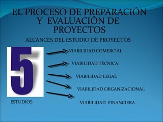 EL PROCESO DE PREPARACIÓN
     Y EVALUACIÓN DE
        PROYECTOS
     ALCANCES DEL ESTUDIO DE PROYECTOS
                  VIABILIDAD COMERCIAL

                   VIABILIDAD TÉCNICA

                    VIABILIDAD LEGAL

                     VIABILIDAD ORGANIZACIONAL

ESTUDIOS              VIABILIDAD FINANCIERA
 