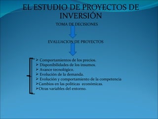 EL ESTUDIO DE PROYECTOS DE
        INVERSIÓN
            TOMA DE DECISIONES



        EVALUACION DE PROYECTOS



   Comportamientos de los precios.
   Disponibilidades de los insumos.
   Avance tecnológico.
   Evolución de la demanda.
   Evolución y comportamiento de la competencia
  Cambios en las políticas económicas.
  Otras variables del entorno.
 