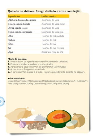 Quibebe de abóbora, frango desﬁado e arroz com feijão
     Ingredientes                                   Medida caseira
     Abóbora descascada e picada                    3 colheres de sopa
     Frango cozido desﬁado                          2 colheres de sopa cheias
     Arroz cozido (papa)                            3 colheres de sopa
     Feijão cozido e amassado                       5 colheres de sopa rasa
     Alho                                           1 colher de chá nivelada
     Cebola                                         1 colher de chá
     Óleo                                           1 colher de café
     Sal                                            1 colher de café nivelada
     Água                                           2 xícaras e meia de chá

     Modo de preparo
     1. Separar todos os ingredientes e utensílios que serão utilizados;
     2. Cozinhar a abóbora, a cebola e o alho picados;
     3. Acrescentar a água e cozinhar até desmanchar (25 minutos);
     4. Acrescentar o frango cozido desﬁado.
     5. À parte cozinhar o arroz e o feijão - seguir o procedimento descrito na página 4.

     Valor nutricional:
     Energia: 222kcal; Proteína: 17,42g; Carboidrato: 24,12g; Lipídeos: 6,16g; Fibra: 2,96g;Vitamina A: 145,23mcgEAR;
     Ferro: 2,16mg; Vitamina C: 8,96mg; Cálcio: 47,88mg; Zinco: 1,79mg; Sódio: 250,3mg.




16
 