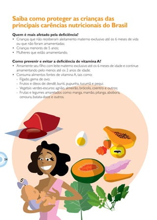 Saiba como proteger as crianças das
     principais carências nutricionais do Brasil
     Quem é mais afetado pela deﬁciência?
     • Crianças que não receberam aleitamento materno exclusivo até os 6 meses de vida
       ou que não foram amamentadas;
     • Crianças menores de 5 anos;
     • Mulheres que estão amamentando.

     Como prevenir e evitar a deﬁciência de vitamina A?
     • Amamente seu ﬁlho com leite materno exclusivo até os 6 meses de idade e continue
       amamentando pelo menos até os 2 anos de idade;
     • Consuma alimentos fontes de vitamina A, tais como:
       - Fígado, gema de ovo;
       - Frutos e óleos de: dendê, buriti, pupunha, tucumã e pequi;
       - Vegetais verdes-escuros: agrião, almeirão, brócolis, coentro e outros;
       - Frutas e legumes amarelados como: manga, mamão, pitanga, abobora,
         cenoura, batata-doce e outros.




24
 