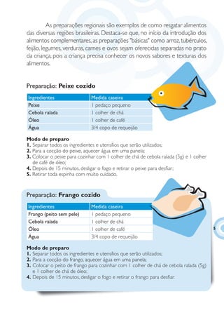 As preparações regionais são exemplos de como resgatar alimentos
das diversas regiões brasileiras. Destaca-se que, no início da introdução dos
alimentos complementares, as preparações "básicas" como arroz, tubérculos,
feijão, legumes, verduras, carnes e ovos sejam oferecidas separadas no prato
da criança, pois a criança precisa conhecer os novos sabores e texturas dos
alimentos.


Preparação: Peixe cozido
Ingredientes                  Medida caseira
Peixe                         1 pedaço pequeno
Cebola ralada                 1 colher de chá
Óleo                          1 colher de café
Água                          3/4 copo de requeijão

Modo de preparo
1. Separar todos os ingredientes e utensílios que serão utilizados;
2. Para a cocção do peixe, aquecer água em uma panela;
3. Colocar o peixe para cozinhar com 1 colher de chá de cebola ralada (5g) e 1 colher
   de café de óleo;
4. Depois de 15 minutos, desligar o fogo e retirar o peixe para desﬁar;
5. Retirar toda espinha com muito cuidado.


Preparação: Frango cozido
Ingredientes                  Medida caseira
Frango (peito sem pele)       1 pedaço pequeno
Cebola ralada                 1 colher de chá
Óleo                          1 colher de café                                          5

Água                          3/4 copo de requeijão

Modo de preparo
1. Separar todos os ingredientes e utensílios que serão utilizados;
2. Para a cocção do frango, aquecer água em uma panela;
3. Colocar o peito de frango para cozinhar com 1 colher de chá de cebola ralada (5g)
   e 1 colher de chá de óleo;
4. Depois de 15 minutos, desligar o fogo e retirar o frango para desﬁar.
 