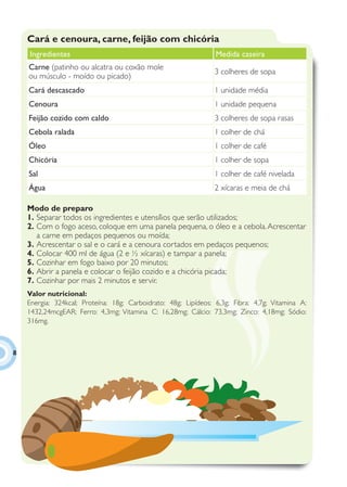 Cará e cenoura, carne, feijão com chicória
    Ingredientes                                                 Medida caseira
    Carne (patinho ou alcatra ou coxão mole
                                                                 3 colheres de sopa
    ou músculo - moído ou picado)
    Cará descascado                                              1 unidade média
    Cenoura                                                      1 unidade pequena
    Feijão cozido com caldo                                      3 colheres de sopa rasas
    Cebola ralada                                                1 colher de chá
    Óleo                                                         1 colher de café
    Chicória                                                     1 colher de sopa
    Sal                                                          1 colher de café nivelada
    Água                                                         2 xícaras e meia de chá

    Modo de preparo
    1. Separar todos os ingredientes e utensílios que serão utilizados;
    2. Com o fogo aceso, coloque em uma panela pequena, o óleo e a cebola. Acrescentar
       a carne em pedaços pequenos ou moída;
    3. Acrescentar o sal e o cará e a cenoura cortados em pedaços pequenos;
    4. Colocar 400 ml de água (2 e ½ xícaras) e tampar a panela;
    5. Cozinhar em fogo baixo por 20 minutos;
    6. Abrir a panela e colocar o feijão cozido e a chicória picada;
    7. Cozinhar por mais 2 minutos e servir.
    Valor nutricional:
    Energia: 324kcal; Proteína: 18g; Carboidrato: 48g; Lipídeos: 6,3g; Fibra: 4,7g; Vitamina A:
    1432,24mcgEAR; Ferro: 4,3mg; Vitamina C: 16,28mg; Cálcio: 73,3mg; Zinco: 4,18mg; Sódio:
    316mg.



8
 
