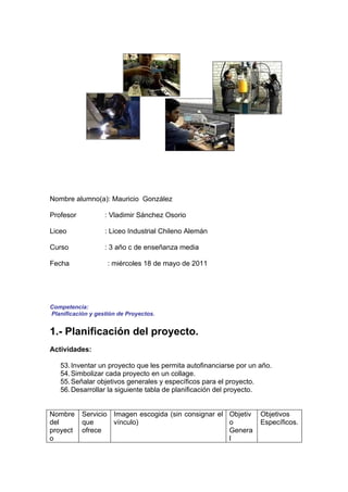 Nombre alumno(a): Mauricio González

Profesor           : Vladimir Sánchez Osorio

Liceo              : Liceo Industrial Chileno Alemán

Curso              : 3 año c de enseñanza media

Fecha               : miércoles 18 de mayo de 2011




Competencia:
Planificación y gestión de Proyectos.


1.- Planificación del proyecto.
Actividades:

   53. Inventar un proyecto que les permita autofinanciarse por un año.
   54. Simbolizar cada proyecto en un collage.
   55. Señalar objetivos generales y específicos para el proyecto.
   56. Desarrollar la siguiente tabla de planificación del proyecto.


Nombre     Servicio Imagen escogida (sin consignar el Objetiv      Objetivos
del        que      vínculo)                          o            Específicos.
proyect    ofrece                                     Genera
o                                                     l
 