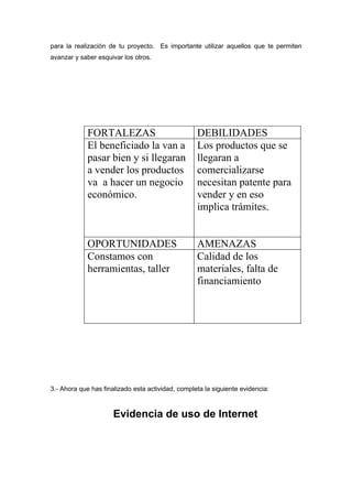 para la realización de tu proyecto. Es importante utilizar aquellos que te permiten
avanzar y saber esquivar los otros.




             FORTALEZAS                            DEBILIDADES
             El beneficiado la van a               Los productos que se
             pasar bien y si llegaran              llegaran a
             a vender los productos                comercializarse
             va a hacer un negocio                 necesitan patente para
             económico.                            vender y en eso
                                                   implica trámites.


             OPORTUNIDADES                         AMENAZAS
             Constamos con                         Calidad de los
             herramientas, taller                  materiales, falta de
                                                   financiamiento




3.- Ahora que has finalizado esta actividad, completa la siguiente evidencia:



                      Evidencia de uso de Internet
 