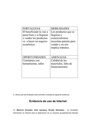 FORTALEZAS                            DEBILIDADES
             El beneficiado la van a               Los productos que se
             pasar bien y si llegaran              llegaran a
             a vender los productos                comercializarse
             va a hacer un negocio                 necesitan patente para
             económico.                            vender y en eso
                                                   implica trámites.


             OPORTUNIDADES                         AMENAZAS
             Constamos con                         Calidad de los
             herramientas, taller                  materiales, falta de
                                                   financiamiento




3.- Ahora que has finalizado esta actividad, completa la siguiente evidencia:



                      Evidencia de uso de Internet


Yo ,Mauricio Gonzales, Celis Ipanaque, Nicolas Nahuelpan , he recopilado
información en Internet para la elaboración de un proyecto grupal/personal llamado
 