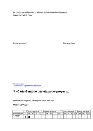 he hecho uso del buscad y, además de los siguientes sitios web:
WWW.GOOGLE.COM




_____________                                                 ____________
Firma alumno(a)                                               Firma profesor




Competencia:
Planificación y gestión de Proyectos.


3.- Carta Gantt de una etapa del proyecto.


Nombre del proyecto: pesas para hacer ejercicio

Mes de 25/06/2011


                   Primera semana       Segunda semana       Tercera semana    Cuarta semana
Actividades    L     M   M   J      V   L   M   M   J    V   L M M J V L M M J V
1.hacer
              x x
 