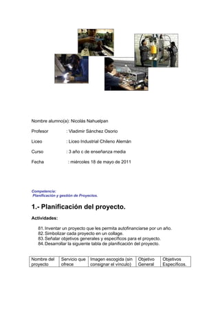 Nombre alumno(a): Nicolás Nahuelpan

Profesor           : Vladimir Sánchez Osorio

Liceo              : Liceo Industrial Chileno Alemán

Curso              : 3 año c de enseñanza media

Fecha               : miércoles 18 de mayo de 2011




Competencia:
Planificación y gestión de Proyectos.


1.- Planificación del proyecto.
Actividades:

   81. Inventar un proyecto que les permita autofinanciarse por un año.
   82. Simbolizar cada proyecto en un collage.
   83. Señalar objetivos generales y específicos para el proyecto.
   84. Desarrollar la siguiente tabla de planificación del proyecto.


Nombre del      Servicio que    Imagen escogida (sin    Objetivo   Objetivos
proyecto        ofrece          consignar el vínculo)   General    Específicos.
 