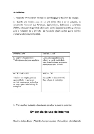Actividades:

1.- Recolectar información en Internet, que permita apoyar el desarrollo del proyecto.

2.- Cuando una iniciativa pasa de ser una simple idea a ser un proyecto, es
conveniente reconocer sus Fortalezas, Oportunidades, Debilidades y Amenazas
(FODA), este cuadro te permitirá saber cuales son los aspectos favorables y adversos
para la realización de tu proyecto. Es importante utilizar aquellos que te permiten
avanzar y saber esquivar los otros.




FORTALEZAS                            DEBILIDADES

Es un proyecto económico              La madera se puede mojar e
Y además ampliamente reciclable       inflar y se pierde casi toda la
                                      inversion además de no tener un
                                      presuspuesto para la cama



OPORTUNIDADES                         AMENAZAS

Tenemos una amplia gama de            No acceder al financiamiento
oportunidades ya que es un            Baja calidad de materiales
servicio barato y que no implica
un mayor gasto económico y de
transporte




3.- Ahora que has finalizado esta actividad, completa la siguiente evidencia:



                      Evidencia de uso de Internet


Nosotros Matías, Daniel y Alejandro, hemos recopilado información en Internet para la
 