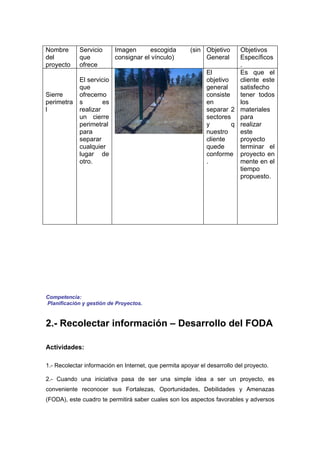 Nombre       Servicio      Imagen      escogida        (sin Objetivo     Objetivos
del          que           consignar el vínculo)            General      Específicos
proyecto     ofrece                                                      .
                                                              El         Es que el
             El servicio                                      objetivo   cliente este
             que                                              general    satisfecho
Sierre       ofrecemo                                         consiste   tener todos
perimetra    s        es                                      en         los
l            realizar                                         separar 2 materiales
             un cierre                                        sectores para
             perimetral                                       y        q realizar
             para                                             nuestro    este
             separar                                          cliente    proyecto
             cualquier                                        quede      terminar el
             lugar de                                         conforme proyecto en
             otro.                                            .          mente en el
                                                                         tiempo
                                                                         propuesto.




Competencia:
Planificación y gestión de Proyectos.


2.- Recolectar información – Desarrollo del FODA

Actividades:

1.- Recolectar información en Internet, que permita apoyar el desarrollo del proyecto.

2.- Cuando una iniciativa pasa de ser una simple idea a ser un proyecto, es
conveniente reconocer sus Fortalezas, Oportunidades, Debilidades y Amenazas
(FODA), este cuadro te permitirá saber cuales son los aspectos favorables y adversos
 