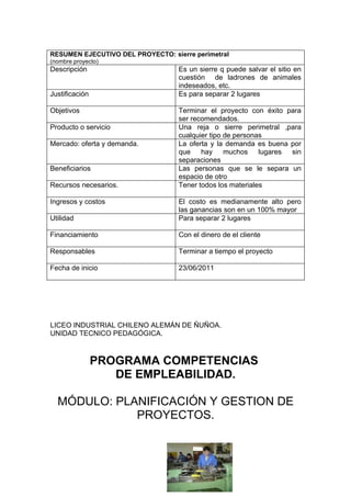 RESUMEN EJECUTIVO DEL PROYECTO: sierre perimetral
(nombre proyecto)
Descripción                        Es un sierre q puede salvar el sitio en
                                   cuestión de ladrones de animales
                                   indeseados, etc.
Justificación                      Es para separar 2 lugares

Objetivos                          Terminar el proyecto con éxito para
                                   ser recomendados.
Producto o servicio                Una reja o sierre perimetral ,para
                                   cualquier tipo de personas
Mercado: oferta y demanda.         La oferta y la demanda es buena por
                                   que hay        muchos lugares sin
                                   separaciones
Beneficiarios                      Las personas que se le separa un
                                   espacio de otro
Recursos necesarios.               Tener todos los materiales

Ingresos y costos                  El costo es medianamente alto pero
                                   las ganancias son en un 100% mayor
Utilidad                           Para separar 2 lugares

Financiamiento                     Con el dinero de el cliente

Responsables                       Terminar a tiempo el proyecto

Fecha de inicio                    23/06/2011




LICEO INDUSTRIAL CHILENO ALEMÁN DE ÑUÑOA.
UNIDAD TECNICO PEDAGÓGICA.



                PROGRAMA COMPETENCIAS
                   DE EMPLEABILIDAD.

  MÓDULO: PLANIFICACIÓN Y GESTION DE
             PROYECTOS.
 