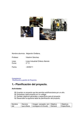 Nombre alumnos: Alejandro Orellana,

Profesor           : Vladimir Sánchez

Liceo              : Liceo Industrial Chileno Alemán
Curso              :3ºC

Fecha               : 24/06/11




Competencia:
Planificación y gestión de Proyectos.


1.- Planificación del proyecto.
Actividades:

   89. Inventar un proyecto que les permita autofinanciarse por un año.
   90. Simbolizar cada proyecto en un collage.
   91. Señalar objetivos generales y específicos para el proyecto.
   92. Desarrollar la siguiente tabla de planificación del proyecto.


Nombre         Servicio       Imagen escogida (sin Objetivo       Objetivos
del            que ofrece     consignar el vínculo) General       Específicos.
 