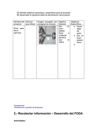 95. Señalar objetivos generales y específicos para el proyecto.
   96. Desarrollar la siguiente tabla de planificación del proyecto.


Nombre del Servicio          Imagen escogida (sin Objetivo       Objetivos
proyecto   que ofrece        consignar el vínculo) General       Específicos.
                                                   Dar       un     • Hacer
Pesas para                                         buen                 bajar
hacer                                              estado               de
egercicio                                          físico      a        peso
                                                   cualquier        • Dar un
                                                   persona              buen
                                                   que        lo        estado
                                                   utilice              físico
                                                                    •




Competencia:
Planificación y gestión de Proyectos.


2.- Recolectar información – Desarrollo del FODA

Actividades:
 