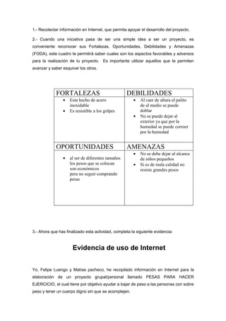 1.- Recolectar información en Internet, que permita apoyar el desarrollo del proyecto.

2.- Cuando una iniciativa pasa de ser una simple idea a ser un proyecto, es
conveniente reconocer sus Fortalezas, Oportunidades, Debilidades y Amenazas
(FODA), este cuadro te permitirá saber cuales son los aspectos favorables y adversos
para la realización de tu proyecto. Es importante utilizar aquellos que te permiten
avanzar y saber esquivar los otros.




             FORTALEZAS                            DEBILIDADES
                •   Esta hecho de acero                •   Al caer de altura el palito
                    inoxidable                             de al medio se puede
                •   Es resistible a los golpes             doblar
                                                       •   No se puede dejar al
                                                           exterior ya que por la
                                                           humedad se puede corroer
                                                           por la humedad


             OPORTUNIDADES                         AMENAZAS
                                                       •   No se debe dejar al alcance
                •   al ser de diferentes tamaños           de niños pequeños
                    los pesos que se colocan           •   Si es de mala calidad no
                    son económicos                         resiste grandes pesos
                    pera no seguir comprando
                    pesas




3.- Ahora que has finalizado esta actividad, completa la siguiente evidencia:



                      Evidencia de uso de Internet


Yo, Felipe Luengo y Matías pacheco, he recopilado información en Internet para la
elaboración de un proyecto grupal/personal llamado PESAS PARA HACER
EJERCICIO, el cual tiene por objetivo ayudar a bajar de peso a las personas con sobre
peso y tener un cuerpo digno sin que se acomplejen.
 