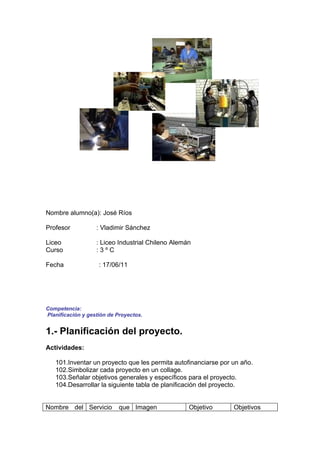 Nombre alumno(a): José Ríos

Profesor           : Vladimir Sánchez

Liceo              : Liceo Industrial Chileno Alemán
Curso              :3ºC

Fecha               : 17/06/11




Competencia:
Planificación y gestión de Proyectos.


1.- Planificación del proyecto.
Actividades:

   101.Inventar un proyecto que les permita autofinanciarse por un año.
   102.Simbolizar cada proyecto en un collage.
   103.Señalar objetivos generales y específicos para el proyecto.
   104.Desarrollar la siguiente tabla de planificación del proyecto.


Nombre del Servicio         que Imagen             Objetivo     Objetivos
 