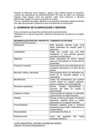 Analicen la diferencia entre ingresos y gastos ¿Qué utilidad reporta el proyecto?,
¿cubren las expectativas de autofinanciamiento? En caso de darse una respuesta
negativa haga ajustes como por ejemplo, crear otros productos o servicios
relacionados, rebajar los costos y/o solicitar un crédito.
Una vez decididos los ajustes, elaboren un presupuesto diseñando ustedes el formato
que mejor les acomode o utilizando el que se proporciona a continuación

5.- EVIDENCIA DE PLANIFICACION Y GESTION
Crea un proyecto que te permita autofinanciarte económicamente.
Preséntalo en un resumen ejecutivo, utilizando el formato que se expone en la página
siguiente.

RESUMEN EJECUTIVO DEL PROYECTO: CAMAROTE DE ESTUDIO
(Indicar nombre del proyecto)
Descripción                                Este proyecto permite crear unos
                                           útiles camarotes de estudio para 2
                                           personas.
Justificación                              Cada uno cuenta con una fácil
                                           instalación lo cual permite generar
                                           recursos en poco plazo.
Objetivos                                  Crear camarotes de forma masiva
                                           para así monopolizar el mundo de los
                                           camarotes.
Producto o servicio                        Este producto es muy solicitado por su
                                           constante demanda en el área de las
                                           camas.
Mercado: oferta y demanda.                 Este proyecto tiene una demanda muy
                                           fuerte en el mercado debido a la
                                           comodidad
Beneficiarios                              Todos los empresarios que quieran
                                           invertir dinero en nuestro proyecto,
                                           junto a nosotros y los compradores
Recursos necesarios.                       Dinero, Tiempo, disponibilidad y
                                           recursos del taller en cuanto a
                                           herramientas.
Ingresos y costos                          Todo se basa en calcular no necesario
                                           para formular un fuerte mercado.
Utilidad                                   Formar en forma principal un cómodo
                                           descanso, además tener un orden
                                           adecuado en un espacio reducido
Financiamiento                             Nuestros ingresos junto a nuestros
                                           empresarios que estén interesados en
                                           invertir dinero.
Responsables                               La Empresa Ru.Mos.Ja

Fecha de inicio                            Junio del presente          año    hasta
                                           diciembre del 2012

LICEO INDUSTRIAL CHILENO ALEMÁN DE ÑUÑOA.
UNIDAD TECNICO PEDAGÓGICA.
 