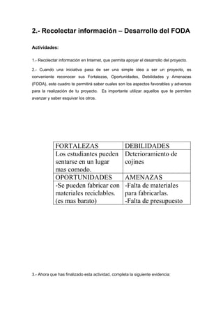 2.- Recolectar información – Desarrollo del FODA

Actividades:

1.- Recolectar información en Internet, que permita apoyar el desarrollo del proyecto.

2.- Cuando una iniciativa pasa de ser una simple idea a ser un proyecto, es
conveniente reconocer sus Fortalezas, Oportunidades, Debilidades y Amenazas
(FODA), este cuadro te permitirá saber cuales son los aspectos favorables y adversos
para la realización de tu proyecto. Es importante utilizar aquellos que te permiten
avanzar y saber esquivar los otros.




             FORTALEZAS                            DEBILIDADES
             Los estudiantes pueden                Deterioramiento de
             sentarse en un lugar                  cojines
             mas comodo.
             OPORTUNIDADES                         AMENAZAS
             -Se pueden fabricar con               -Falta de materiales
             materiales reciclables.               para fabricarlas.
             (es mas barato)                       -Falta de presupuesto




3.- Ahora que has finalizado esta actividad, completa la siguiente evidencia:
 