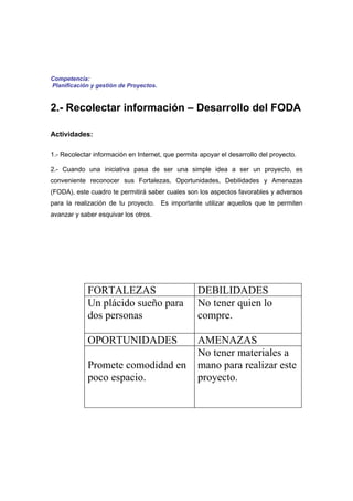 Competencia:
Planificación y gestión de Proyectos.


2.- Recolectar información – Desarrollo del FODA

Actividades:

1.- Recolectar información en Internet, que permita apoyar el desarrollo del proyecto.

2.- Cuando una iniciativa pasa de ser una simple idea a ser un proyecto, es
conveniente reconocer sus Fortalezas, Oportunidades, Debilidades y Amenazas
(FODA), este cuadro te permitirá saber cuales son los aspectos favorables y adversos
para la realización de tu proyecto. Es importante utilizar aquellos que te permiten
avanzar y saber esquivar los otros.




             FORTALEZAS                            DEBILIDADES
             Un plácido sueño para                 No tener quien lo
             dos personas                          compre.

             OPORTUNIDADES                         AMENAZAS
                                                   No tener materiales a
             Promete comodidad en                  mano para realizar este
             poco espacio.                         proyecto.
 