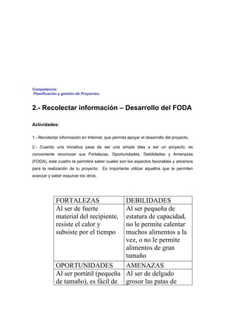 Competencia:
Planificación y gestión de Proyectos.


2.- Recolectar información – Desarrollo del FODA

Actividades:

1.- Recolectar información en Internet, que permita apoyar el desarrollo del proyecto.

2.- Cuando una iniciativa pasa de ser una simple idea a ser un proyecto, es
conveniente reconocer sus Fortalezas, Oportunidades, Debilidades y Amenazas
(FODA), este cuadro te permitirá saber cuales son los aspectos favorables y adversos
para la realización de tu proyecto. Es importante utilizar aquellos que te permiten
avanzar y saber esquivar los otros.




             FORTALEZAS               DEBILIDADES
             Al ser de fuerte         Al ser pequeña de
             material del recipiente, estatura de capacidad,
             resiste el calor y       no le permite calentar
             subsiste por el tiempo   muchos alimentos a la
                                      vez, o no le permite
                                      alimentos de gran
                                      tamaño
             OPORTUNIDADES            AMENAZAS
             Al ser portátil (pequeña Al ser de delgado
             de tamaño), es fácil de grosor las patas de
 
